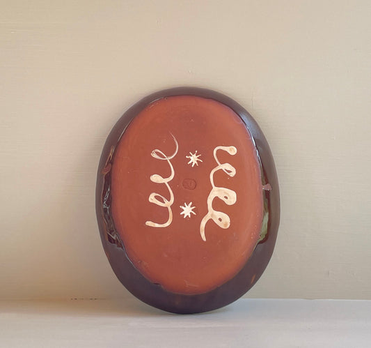 Brown and yellow slipware, coral oval dish